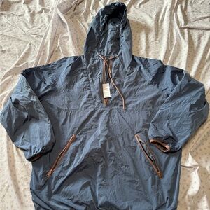 American Eagle Outfitters Navy Hooded Windbreaker with Brown Trim